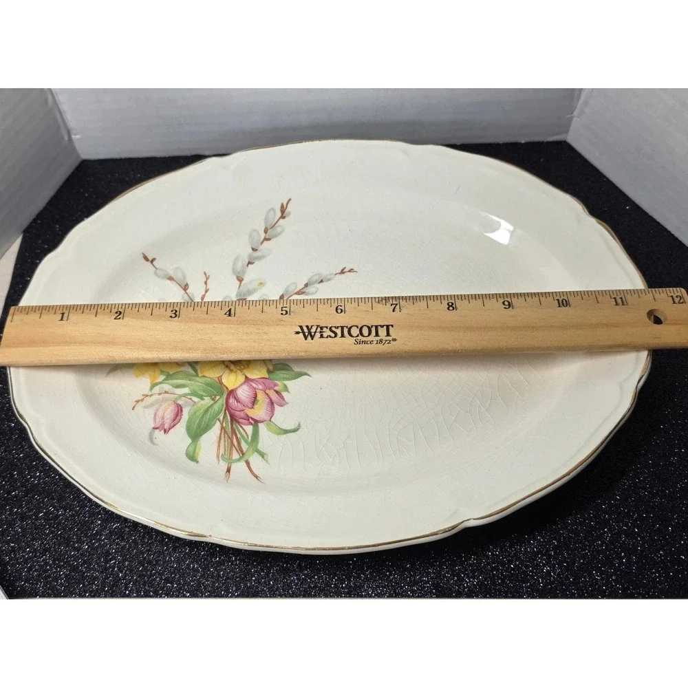 Vintage Floral Ceramic Oval Serving Platter Daffodils Tulips Gold Rim 11.5in